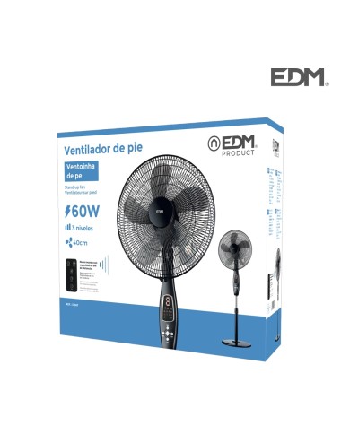 Ventilador de pie mando a distancia, negro, potencia 60 w 62,9 db aspas ø40 cm, altura regulable 110-130 cm