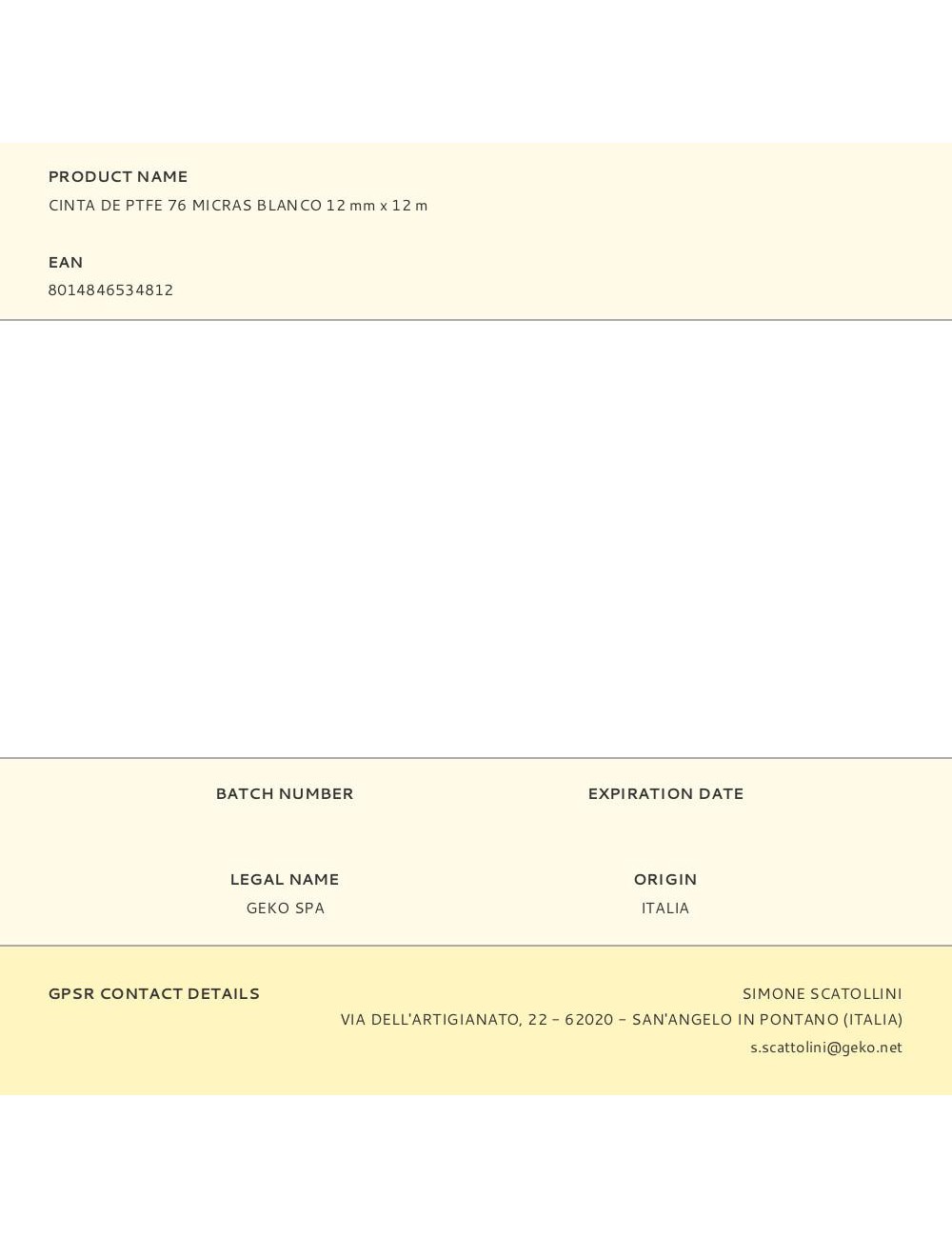 Cinta de ptfe 76 micras blanco 12 mm x 12 m