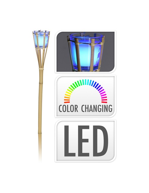 Antorcha de bamboo color natural con vela de led rgb y perfumada a pilas 77cm