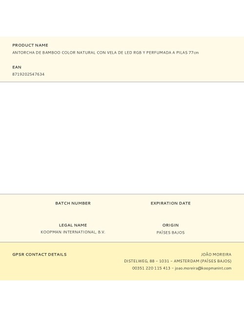 Antorcha de bamboo color natural con vela de led rgb y perfumada a pilas 77cm