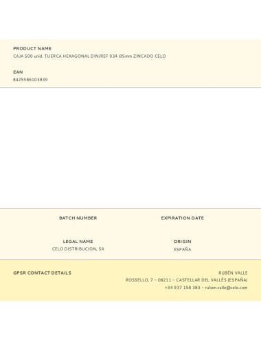 Caja 500 unid. tuerca hexagonal din/ref 934 ø5mm zincado celo