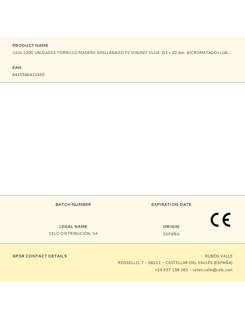 Caja 1000 unidades tornillo madera avellanado pz din/ref vlox ø3 x 20 mm bicromatado+lubr.