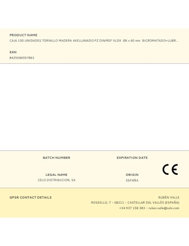 Caja 100 unidades tornillo madera avellanado pz din/ref vlox ø6 x 60 mm bicromatado+lubr.