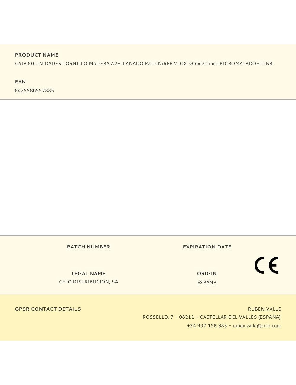 Caja 80 unidades tornillo madera avellanado pz din/ref vlox ø6 x 70 mm bicromatado+lubr.