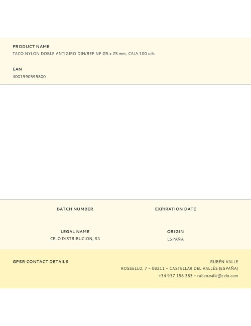 Taco nylon doble antigiro din/ref nf ø5 x 25 mm, caja 100 uds