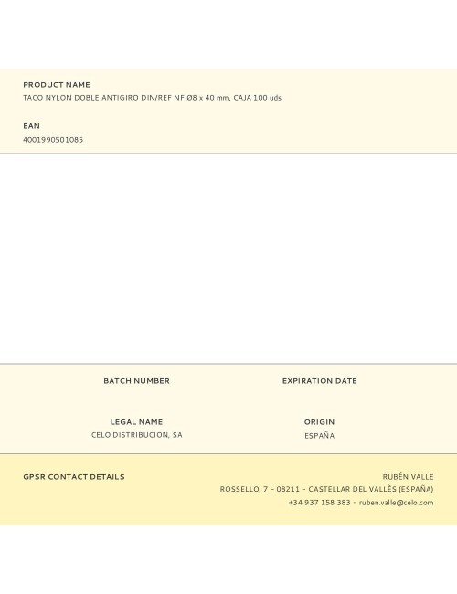 Taco nylon doble antigiro din/ref nf ø8 x 40 mm, caja 100 uds