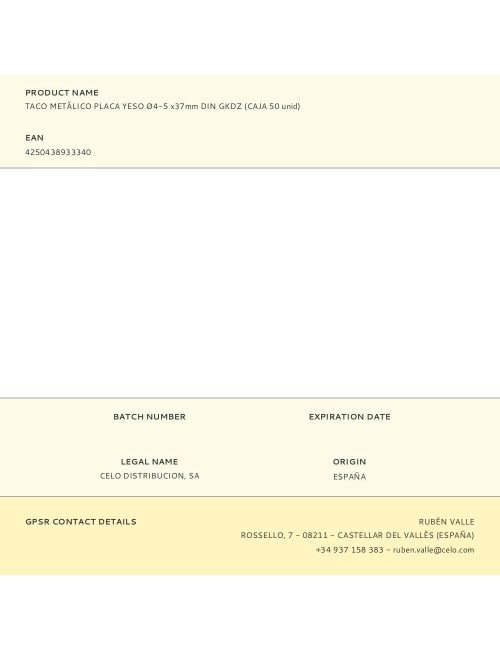 Taco metálico placa yeso ø4-5 x37mm din gkdz (caja 50 unid)