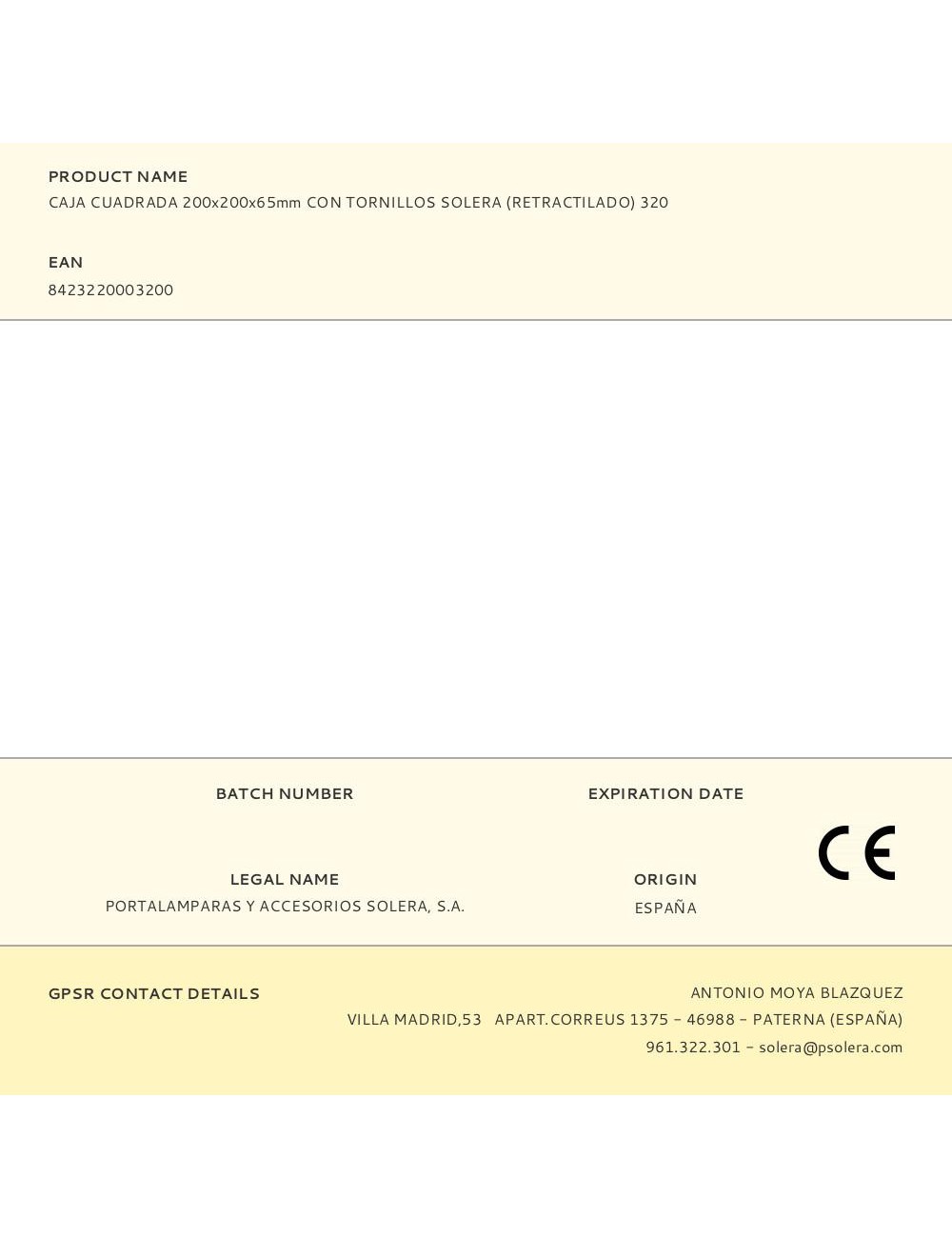 Caja cuadrada 200x200x65mm con tornillos solera (retractilado) 320