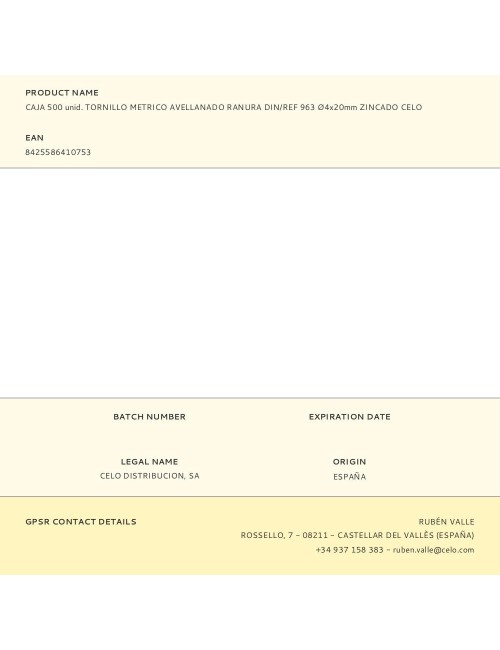 Caja 500 unid. tornillo metrico avellanado ranura din/ref 963 ø4x20mm zincado celo