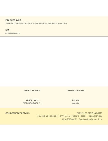 Cordón trenzada polipropileno riel r.81, calibre 3 mm x 18 m