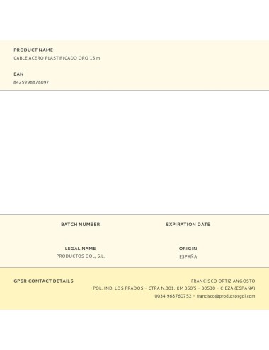 Cable acero plastificado oro 15 m