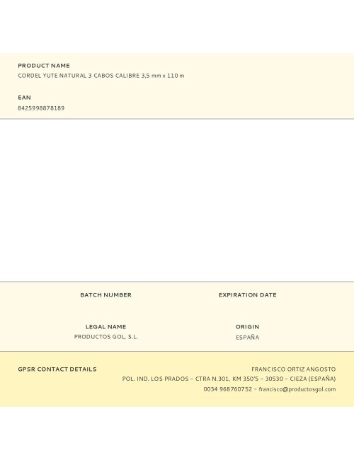 Cordel yute natural 3 cabos calibre 3,5 mm x 110 m