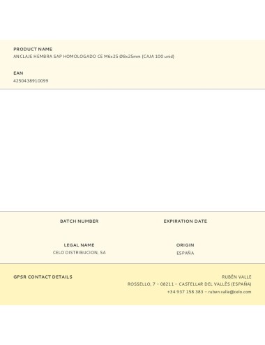 Anclaje hembra sap homologado ce m6 x 25 ø8 x 25 mm, caja 100 uds