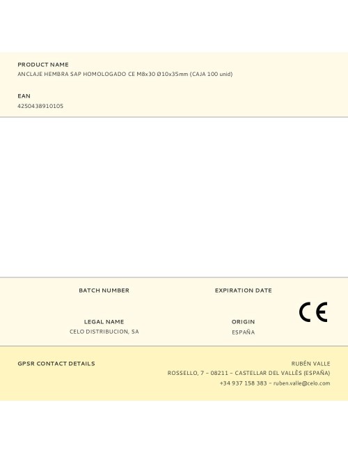 Anclaje hembra sap homologado ce m8 x 30 ø10 x 35 mm, caja 100 uds