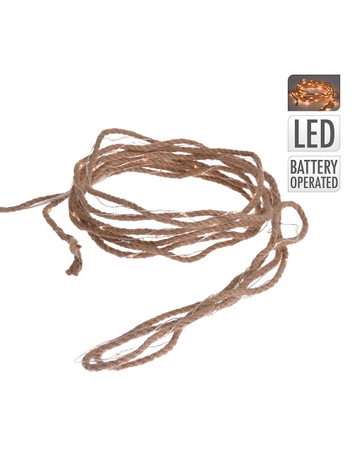 Guirnalda a pilas fija 50 microleds cuerda de yute luz blanco calido 5,03m