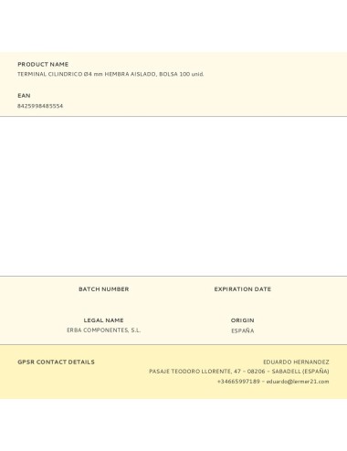 Terminal cilindrico ø4 mm hembra aislado, bolsa 100 uds