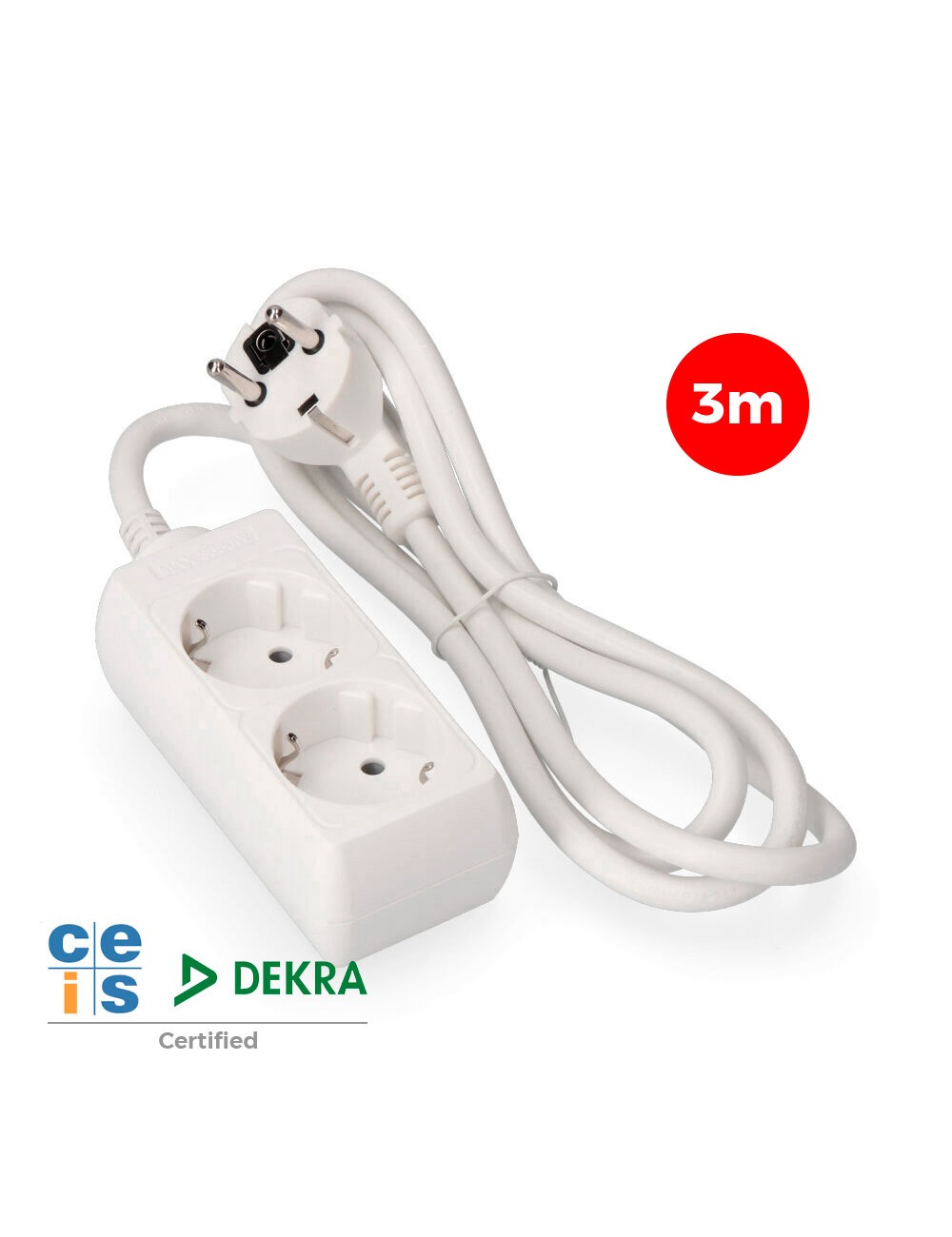 Base múltiple, 2 tomas schuko 2p+t, 3 m de cable h05vv-f 3g1,5 mm 16a 250v~ 3680 w, blanca