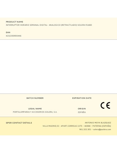 Interruptor horario semanal digital- analogico (retractilado) solera r168d