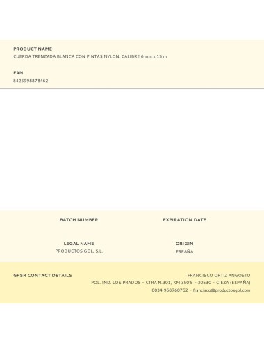 Cuerda trenzada blanca con pintas nylon, calibre 6 mm x 15 m