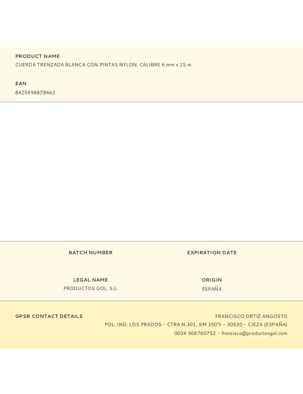 Cuerda trenzada blanca con pintas nylon, calibre 6 mm x 15 m