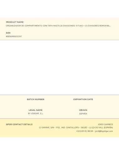 Organizador de compartimento con tapa hasta 20 divisiones: 5 fijas + 15 divisores removibles 39,5 x 30,5 x 6 cm