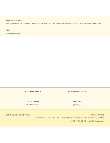 Organizador de compartimento con tapa hasta 20 divisiones: 5 fijas + 15 divisores removibles 51 x 33 x 6 cm