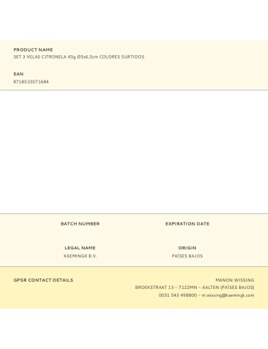 Set 3 velas citronela 45g ø5x6,5cm colores surtidos