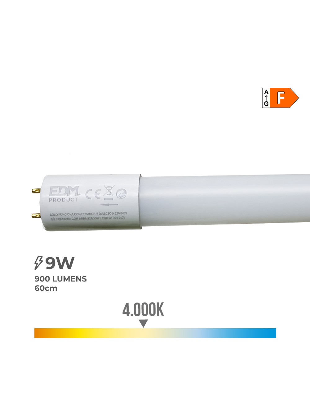 Tubo led t8 9 w 900 lm 4000 k luz dia (eq.18w) ø2,6 x 60 cm
