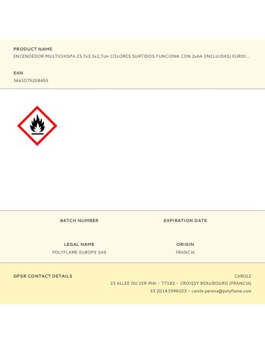 Encendedor multichispa 23,7x3,3x2,7cm colores surtidos funciona con 2xaa (incluidas) euro/u