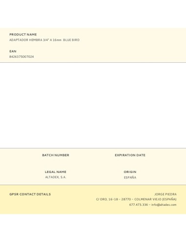 Adaptador hembra 3/4" a 16mm blue bird