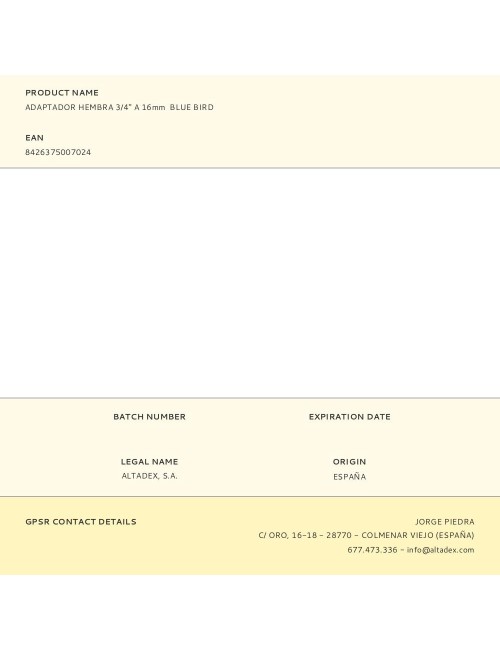 Adaptador hembra 3/4" a 16mm blue bird