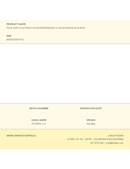 Pack con 10 goteros autocompensados 4 l/h estandar blue bird