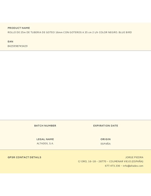 Rollo de 25m de tuberia de goteo 16mm con goteros a 35 cm 2 l/h color negro. blue bird