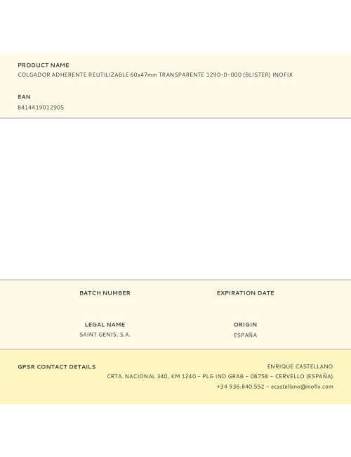 Colgador adherente reutilizable 60x47mm transparente 1290-0-000 (blister) inofix