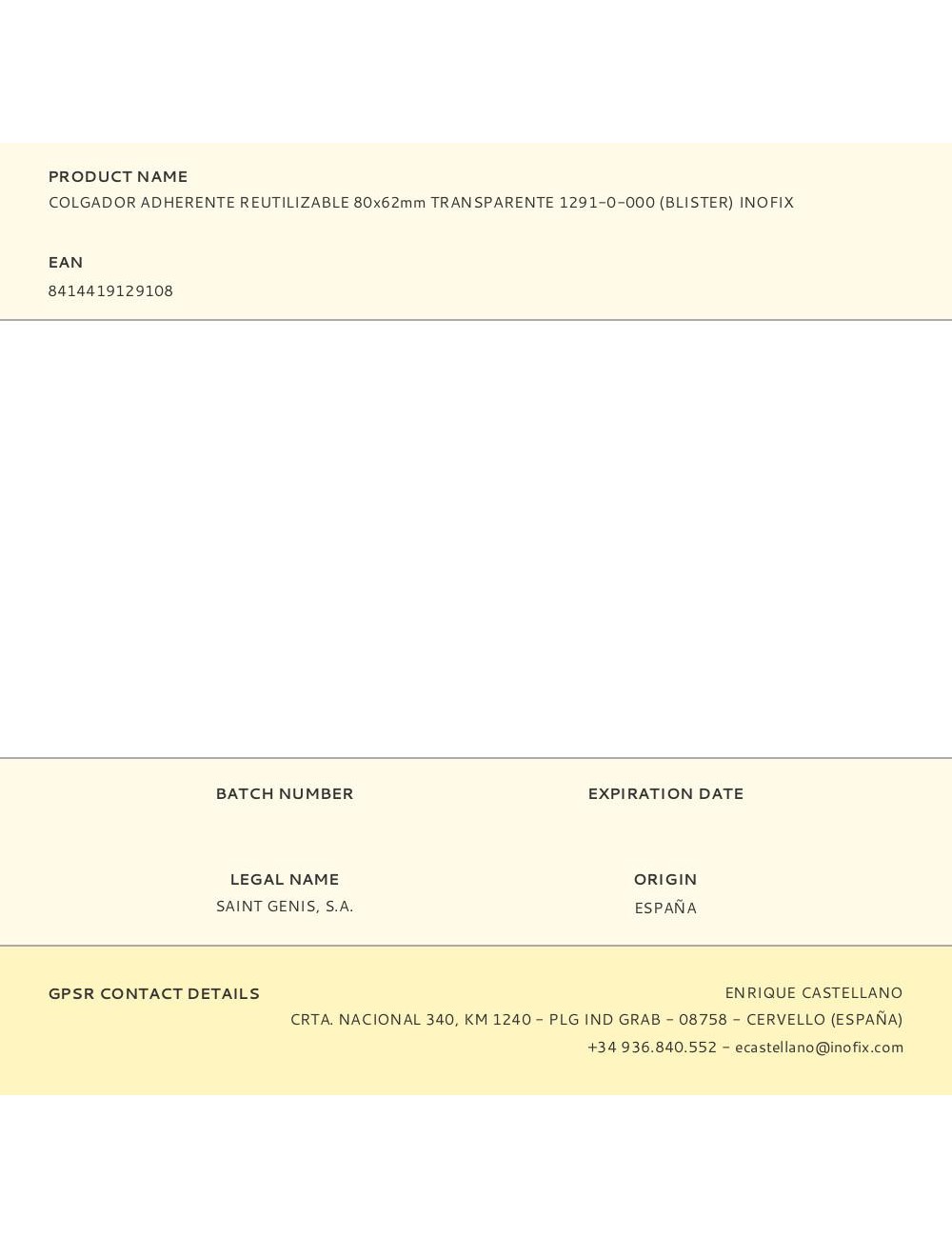 Colgador adherente reutilizable 80x62mm transparente 1291-0-000 (blister) inofix