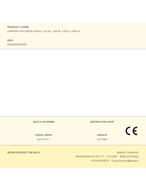 Lampara halogena lineal 118 mm 200 w 2700 k 2000 lm