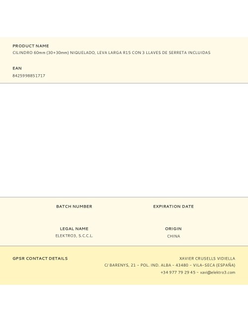 Cilindro 60 mm (30+30 mm) niquelado, leva larga r15 con 3 llaves de serreta incluidas