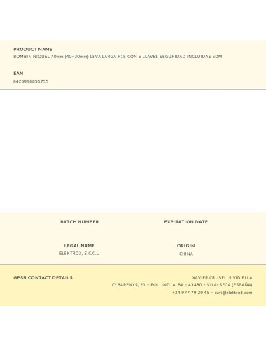 Bombin niquel 70mm (40+30mm) leva larga r15 con 5 llaves seguridad incluidas edm