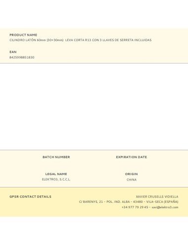 Cilindro latón 60mm (30+30mm) leva corta r13 con 3 llaves de serreta incluidas