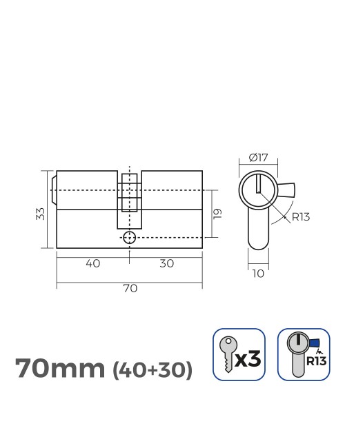 Cilindro de latón 70mm (40+30mm) leva corta r13 con 3 llaves de serreta incluidas