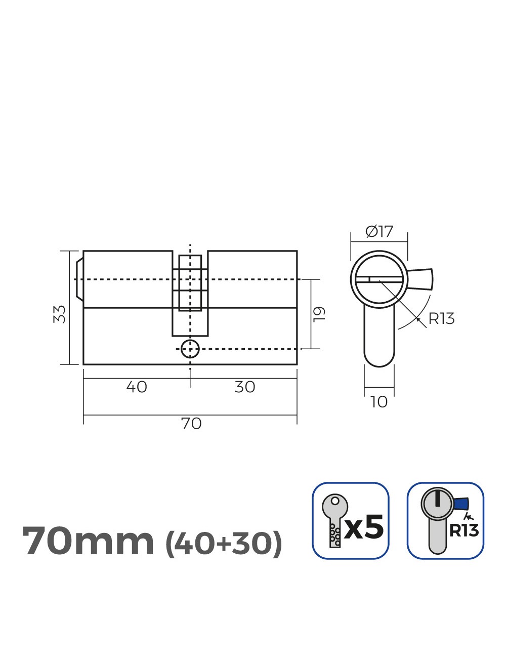 Cilindro de latón 70mm (40+30mm) leva corta r13 con 5 llaves de seguridad incluidas