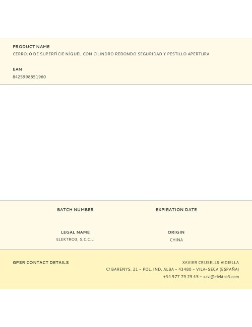 Cerrojo de superfície níquel con cilindro redondo seguridad y pestillo apertura