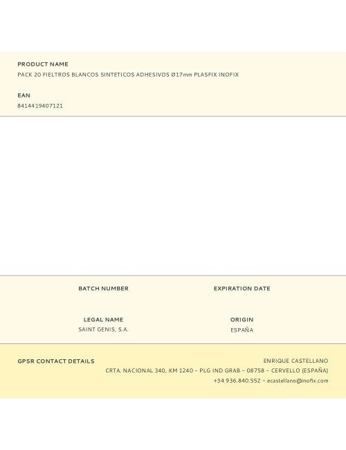 Pack 20 fieltros blancos sinteticos adhesivos ø17mm plasfix inofix