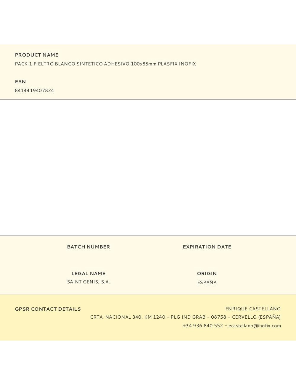 Pack 1 fieltro blanco sintetico adhesivo 100x85mm plasfix inofix