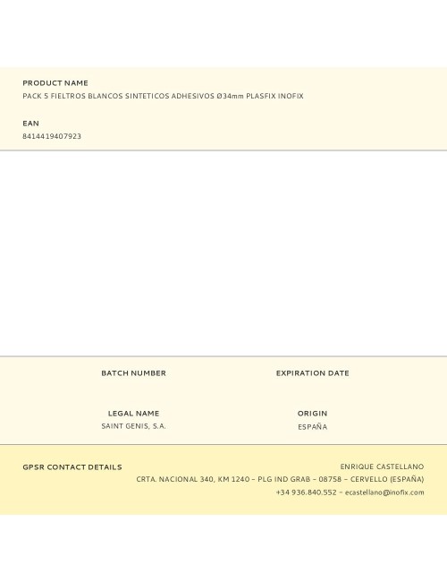 Pack 5 fieltros blancos sinteticos adhesivos ø34mm plasfix inofix