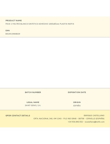 Pack 1 fieltro blanco sintetico adhesivo 1000x85mm plasfix inofix