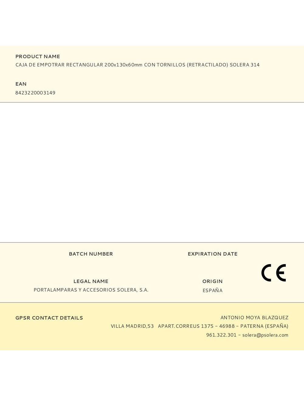 Caja de empotrar rectangular 200x130x60mm con tornillos (retractilado) solera 314