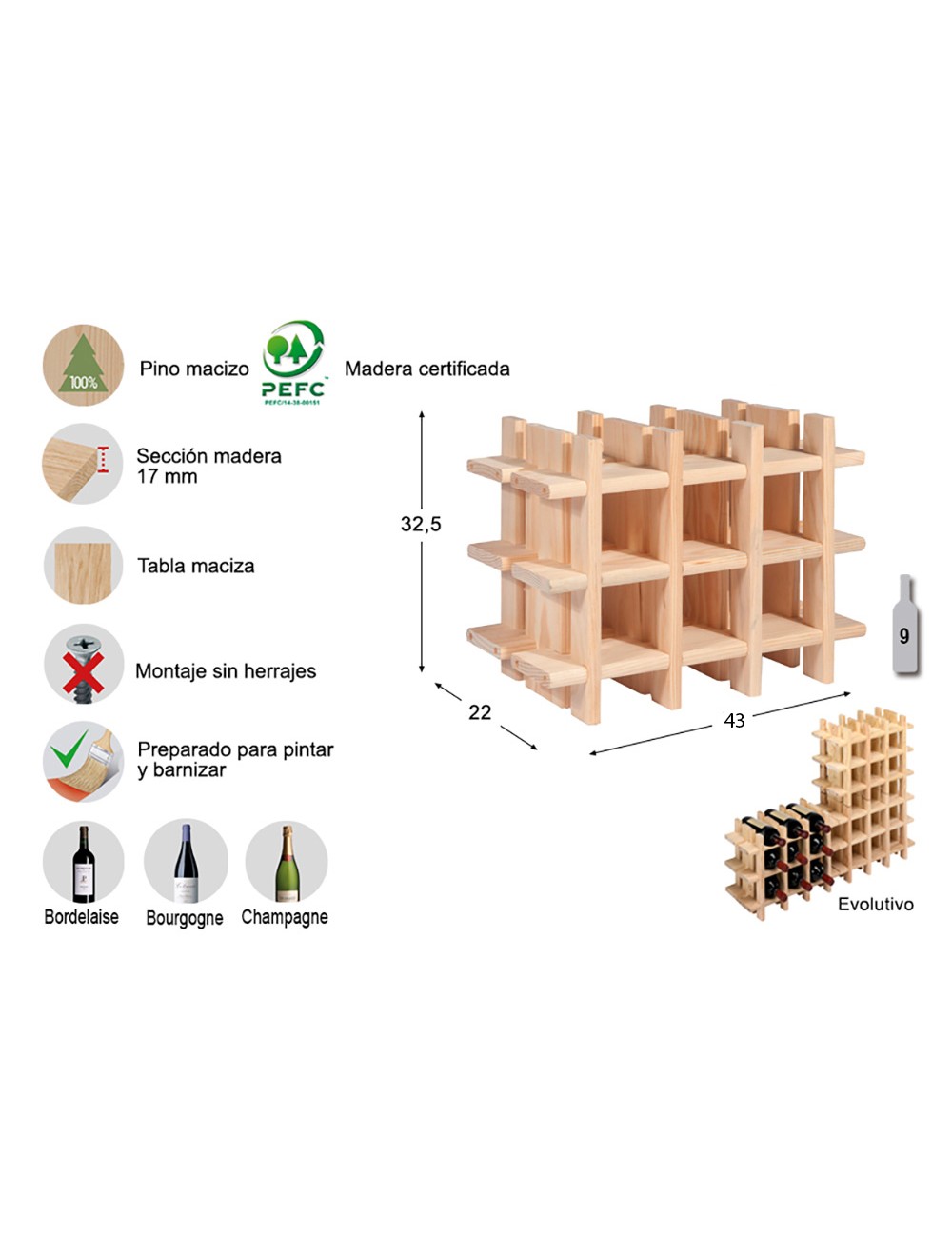 Botellero de pino macizo evolutivo rioja para 9 botellas 43 x 22 x 32,5 cm