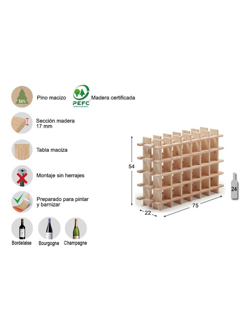 Botellero de pino macizo evolutivo rioja para 24 botellas 75 x 22 x 54 cm