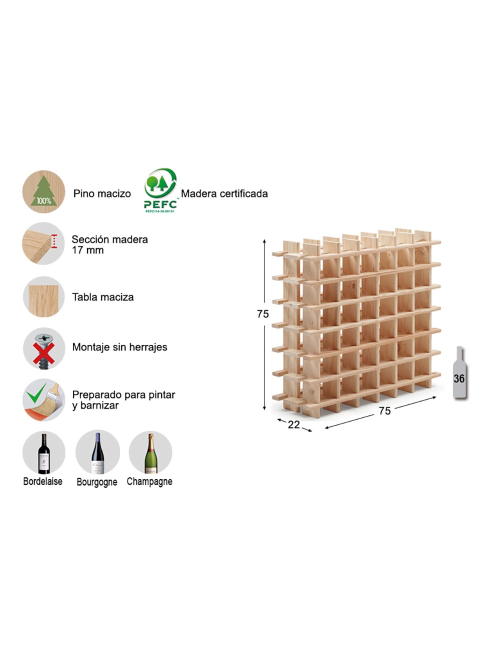 Botellero de pino macizo evolutivo rioja para 36 botellas 75 x 22 x 75 cm
